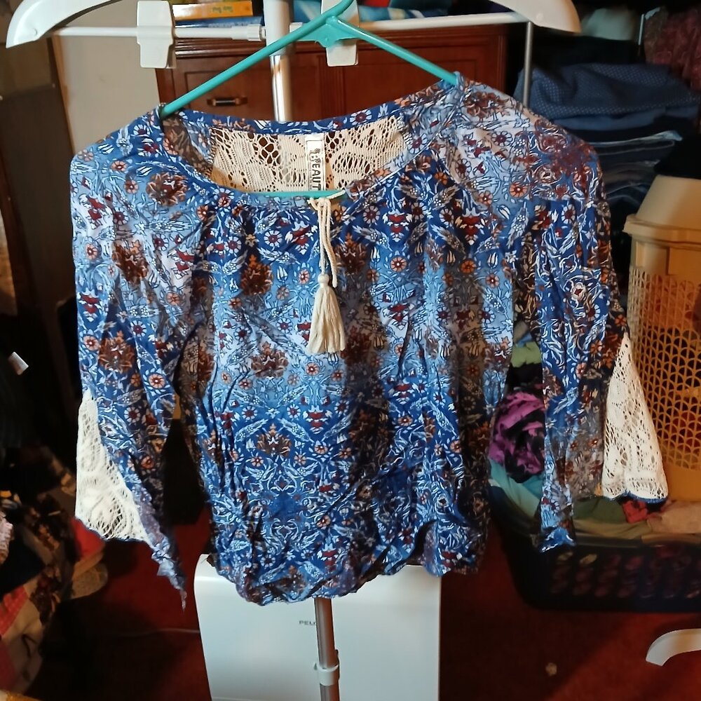 Beautees Girls Medium Boho Long Sleeve Blue Top